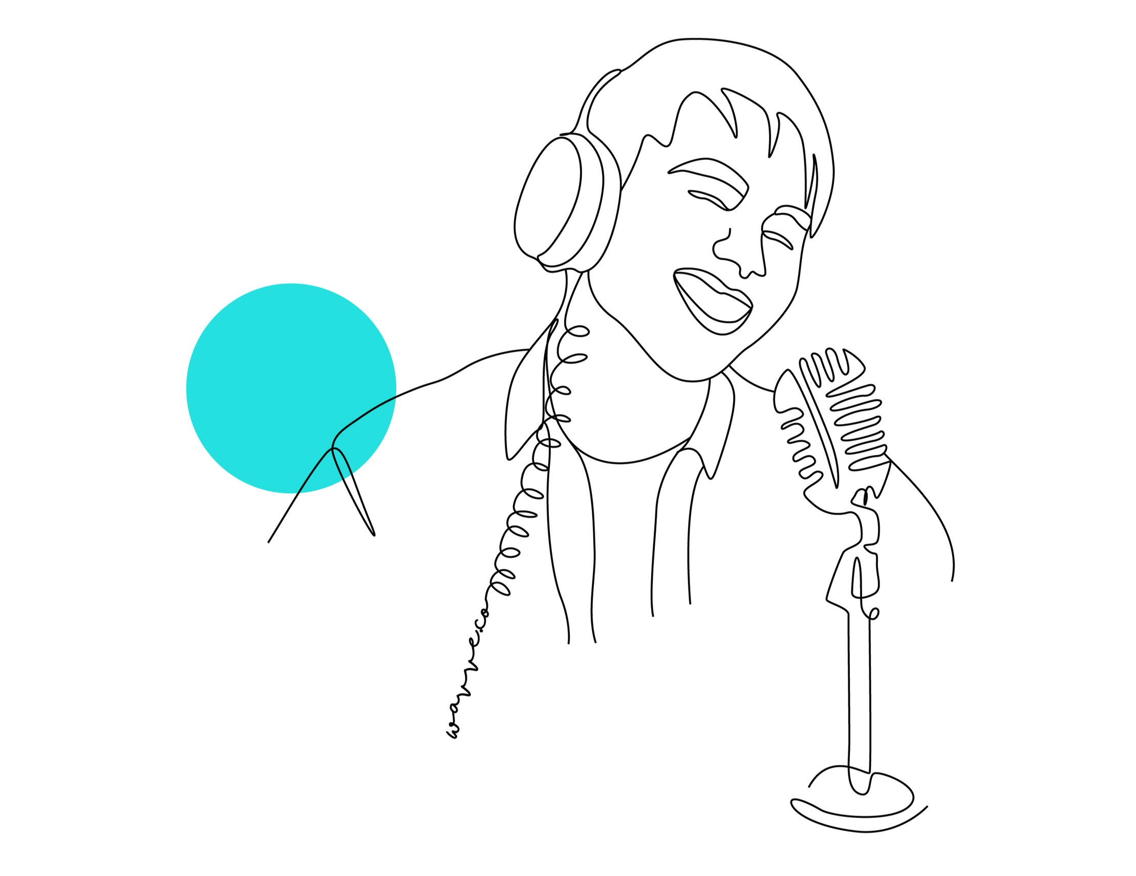 line illustration of a man with headphones recoding into a mic